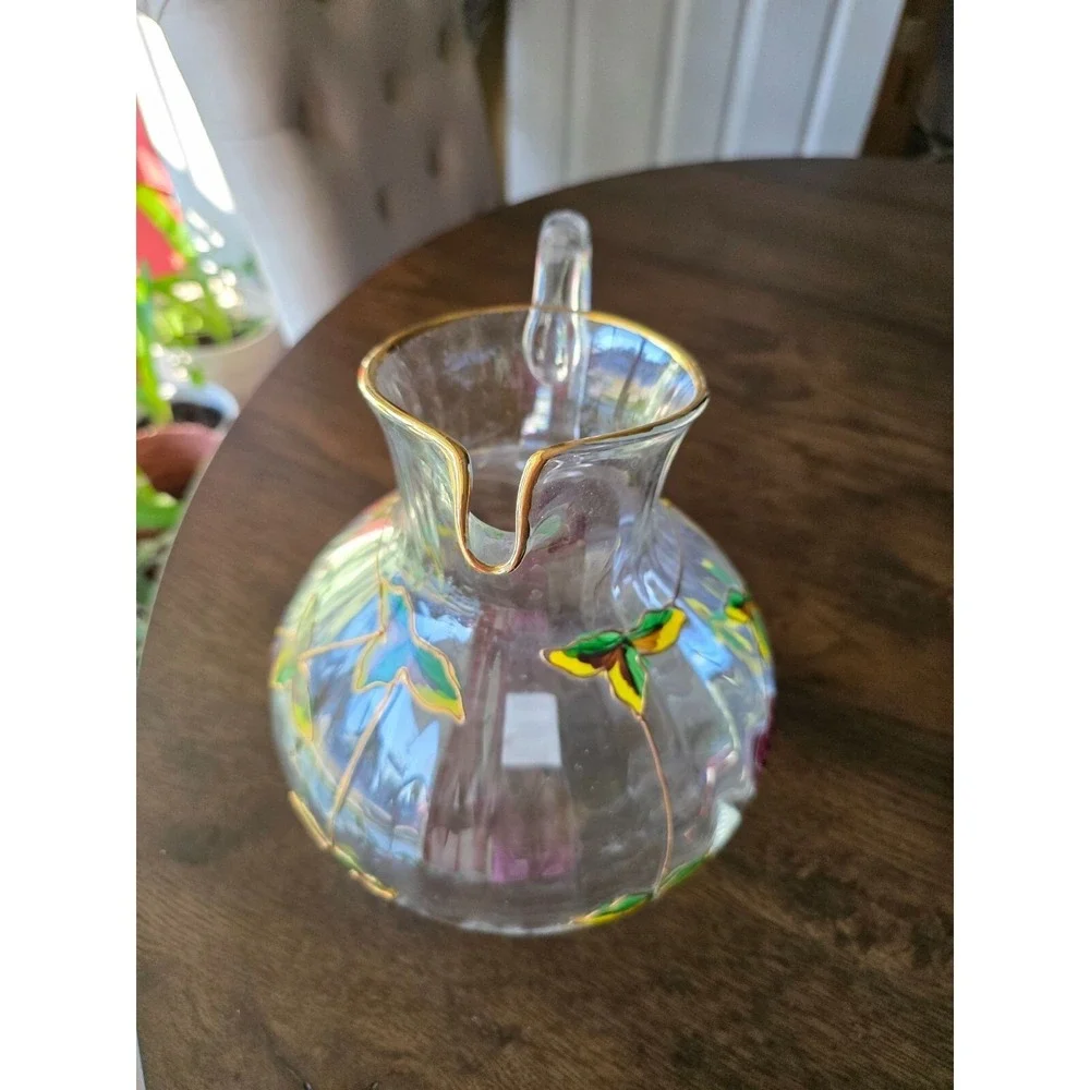 Hand-Painted Glass Pitcher With Grapes & Leaves Design made in Romania